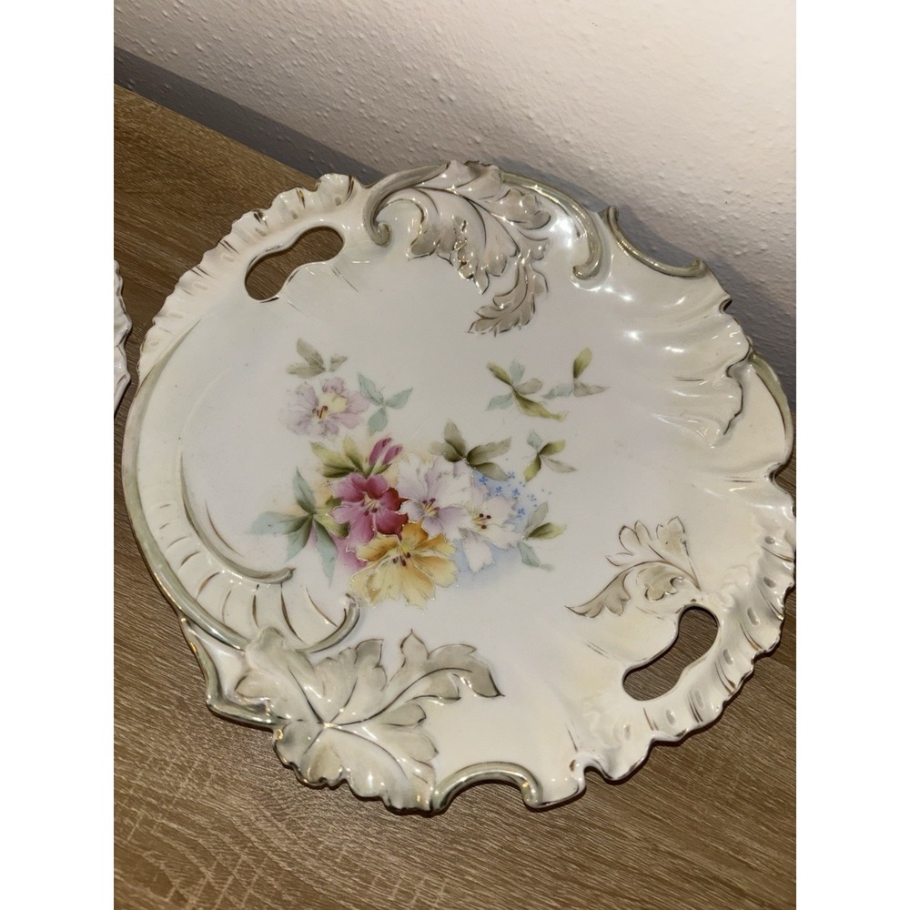 Pair Antique Victorian Hand Painted Porcelain Handled Cake Server Plates Floral - Picture 3 of 16